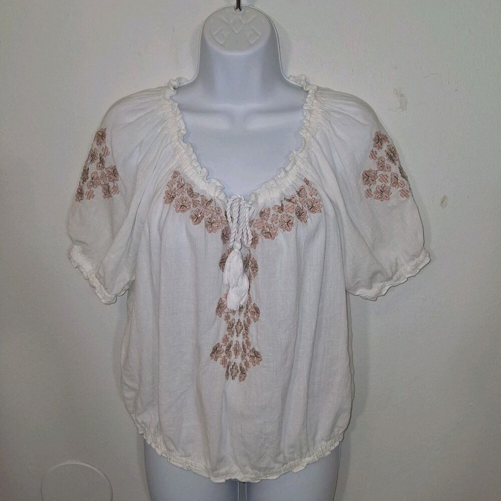 Embroidered Metallic Floral Blouse Sz M  Peasant Hippie Boho Cottage Festival
